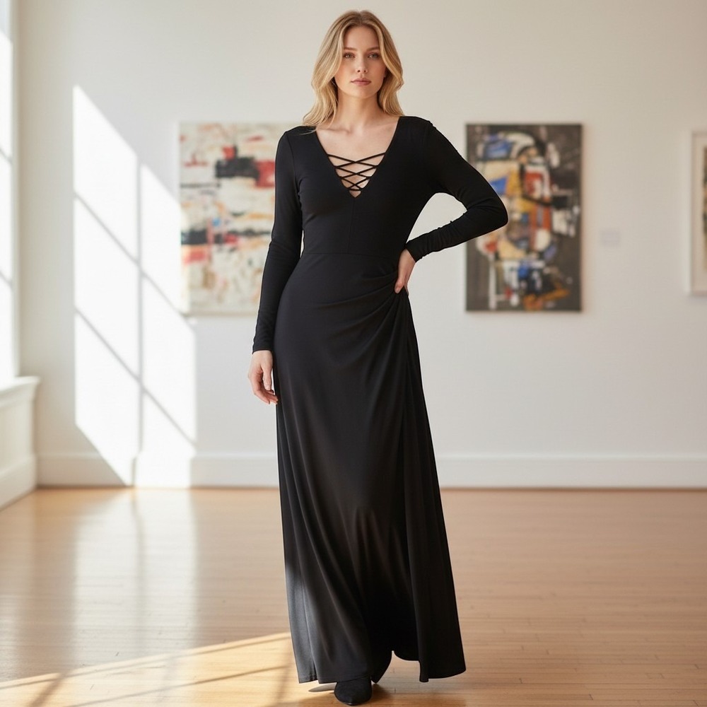 Lauren Ralph Lauren Maxi Gown Dress Navy Blue Lace-Up Strap Detail Womens 10